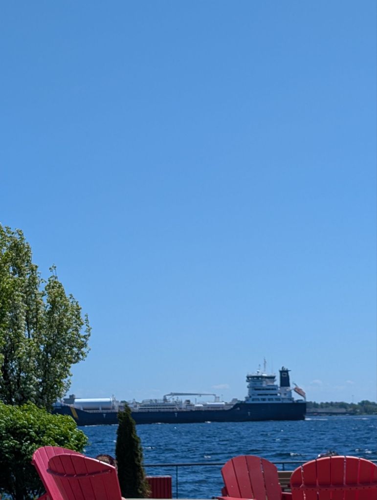 A ship going down the St Lawrence River. I beleive its an ocean liner. 